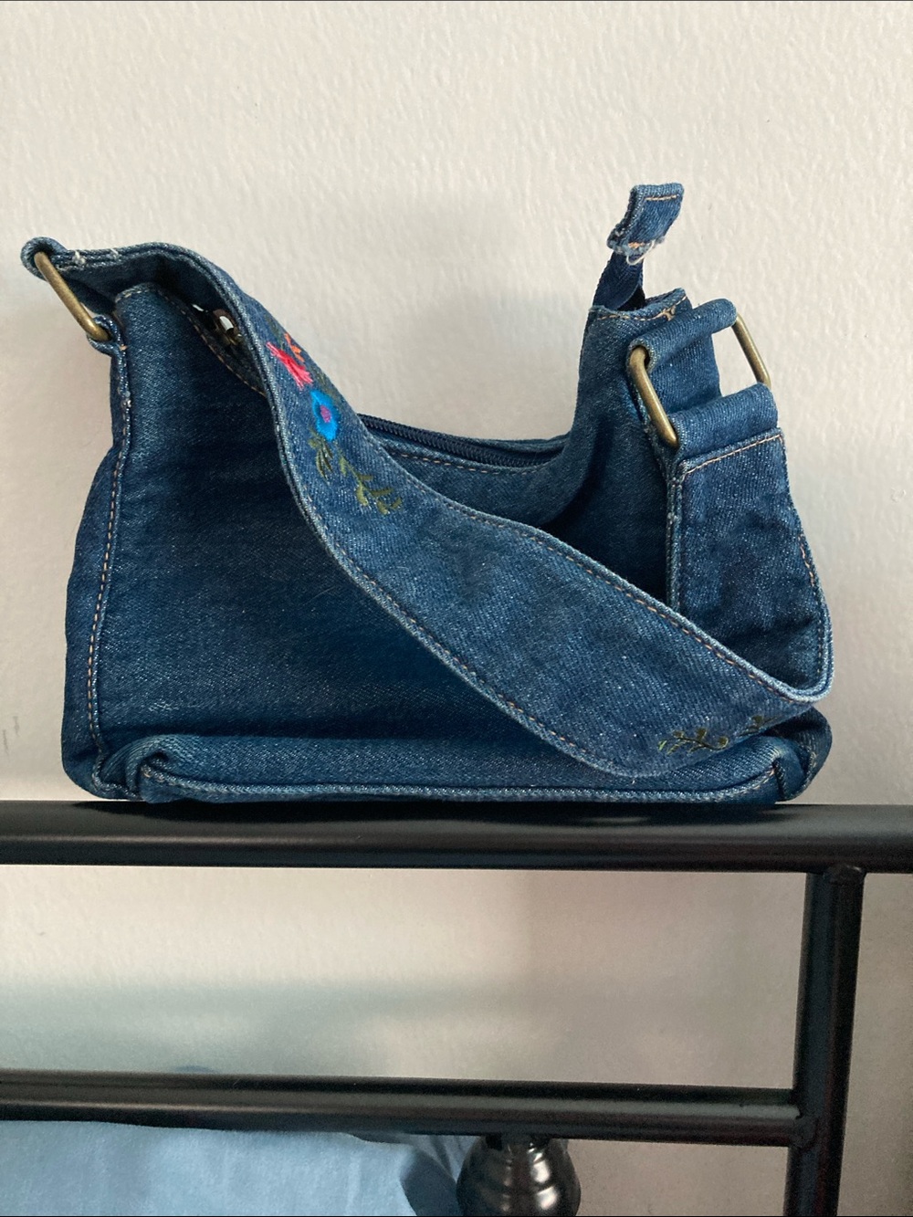 Denim Shoulder Bag with Floral Embroidery - Blue
